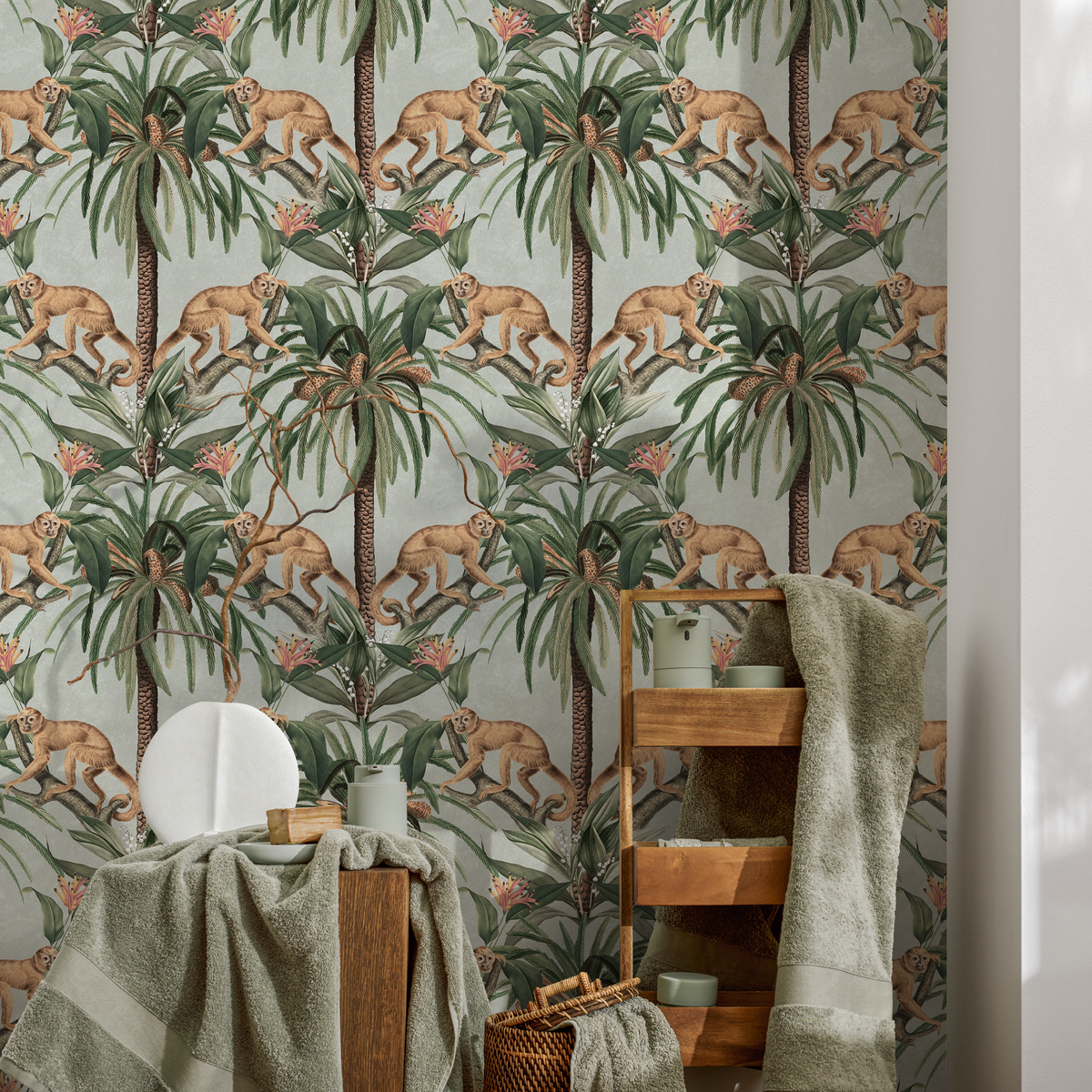 Botanical Wallpaper with a Vintage Monkey and Palm Tree Motif in Green, Brown, and Pink - E340
