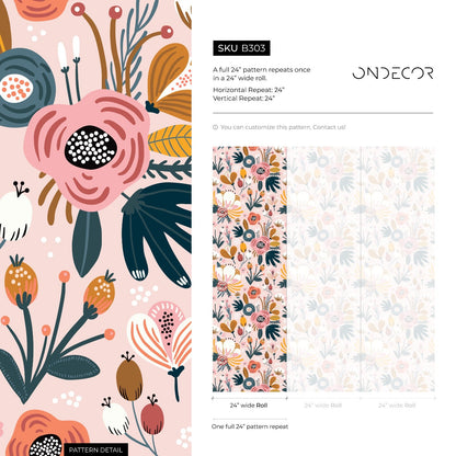 Flowers Removable Wallpaper Scandinavian Wallpaper Temporary Wallpaper Contemporary Wallpaper Peel and Stick Wallpaper - B303