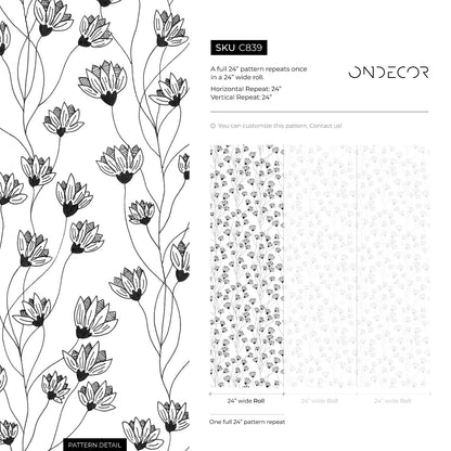 Black and White Wild Flowers Wallpaper / Peel and Stick Wallpaper Removable Wallpaper Home Decor Wall Art Wall Decor Room Decor - C839