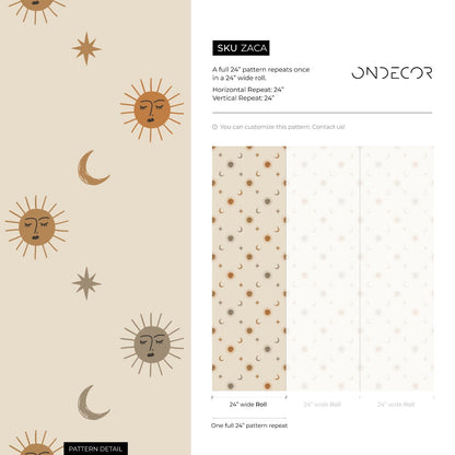 Sun and Moon Wallpaper Removable Peel and Stick Wallpaper, Mystic Boho Constellation Peel and Stick Wallpaper - ZACA