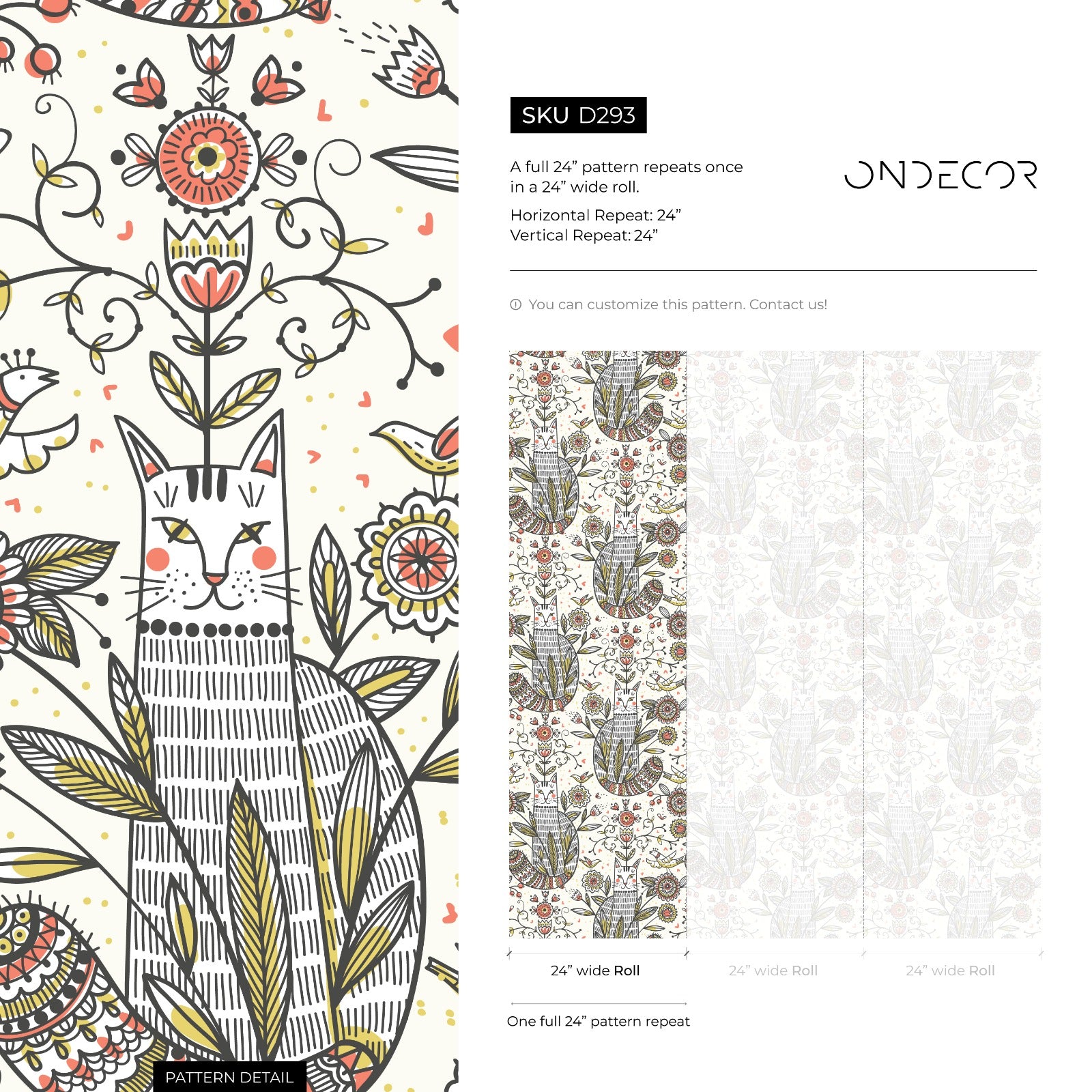 Floral Garden and Cat Wallpaper / Peel and Stick Wallpaper Removable Wallpaper Home Decor Wall Art Wall Decor Room Decor - D293 - ONDECOR.COM