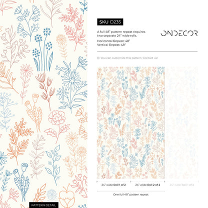 Cute Floral Wildflowers Wallpaper / Peel and Stick Wallpaper Removable Wallpaper Home Decor Wall Art Wall Decor Room Decor - D235