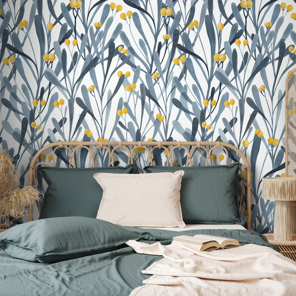 Botanical Wallpaper with Stylized Berries and Leaves in Blue and Yellow - detail view