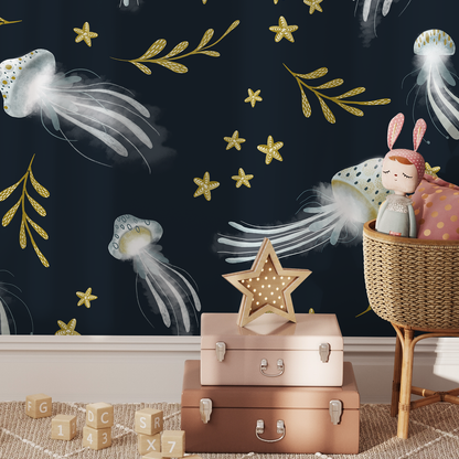Removable Wallpaper Peel and Stick Wallpaper Wall Paper Wall Mural / Jellyfish Navy Nursery Room Wallpaper - X120