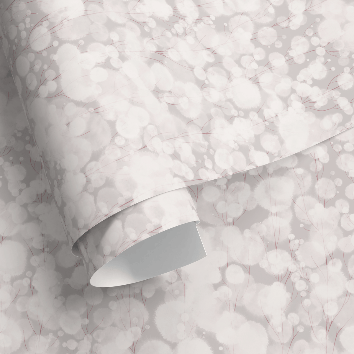 Abstract Wallpaper with Delicate Blooming Branches in Gray and Red - detail view