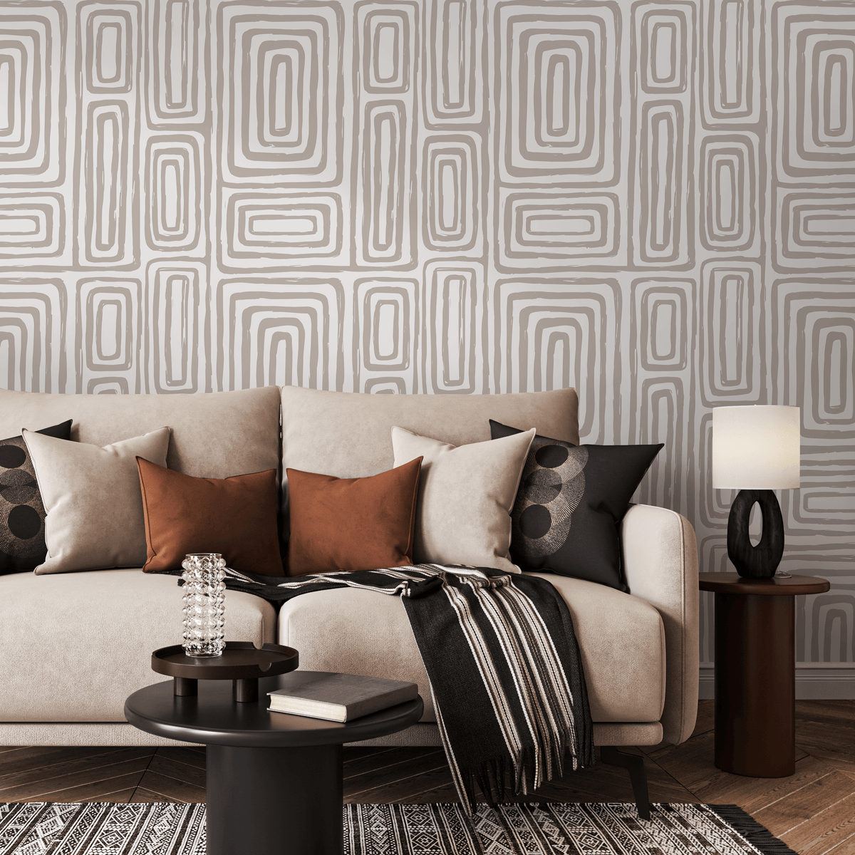 Abstract Wallpaper with a Brushed Labyrinth Motif in Beige and White - detail view
