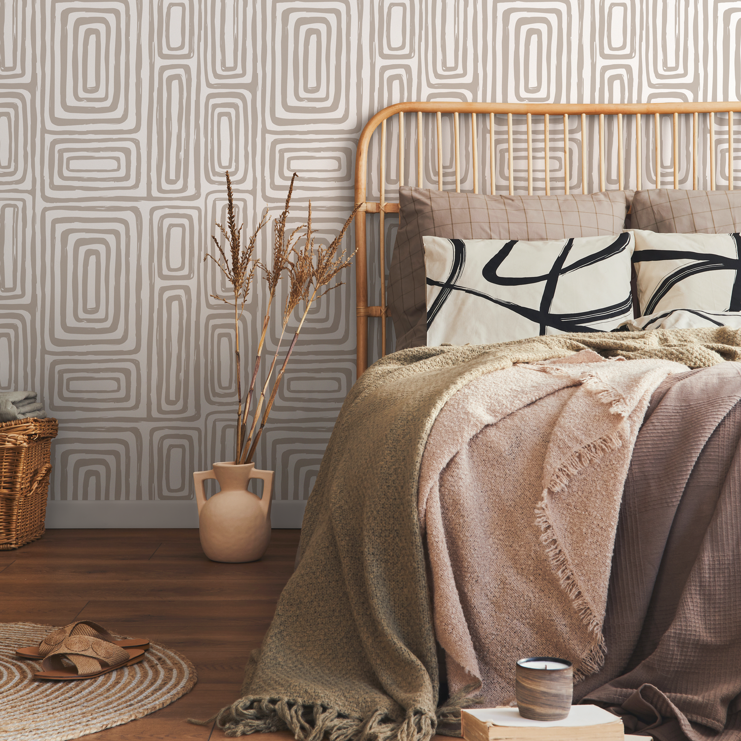 Papel pintado de laberinto con pinceladas neutras cálidas, autoadhesivo, reposicionable y minimalista, abstracto, bohemio, beige y blanco - ZAAA