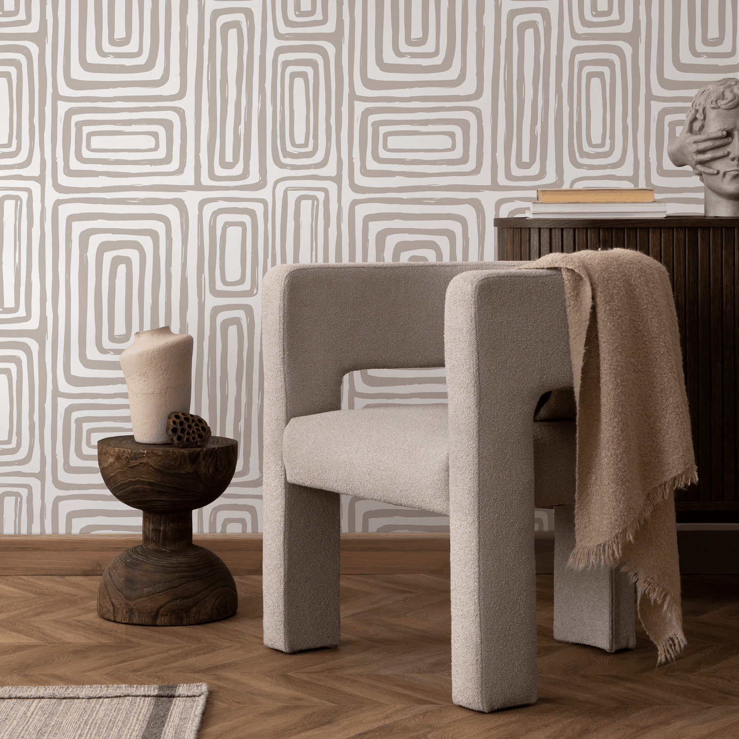 Warm Neutral Paint Brushed Labyrinth Wallpaper Peel and Stick Removable Repositionable  Minimalistic Abstract Boho Beige & White - ZAAA