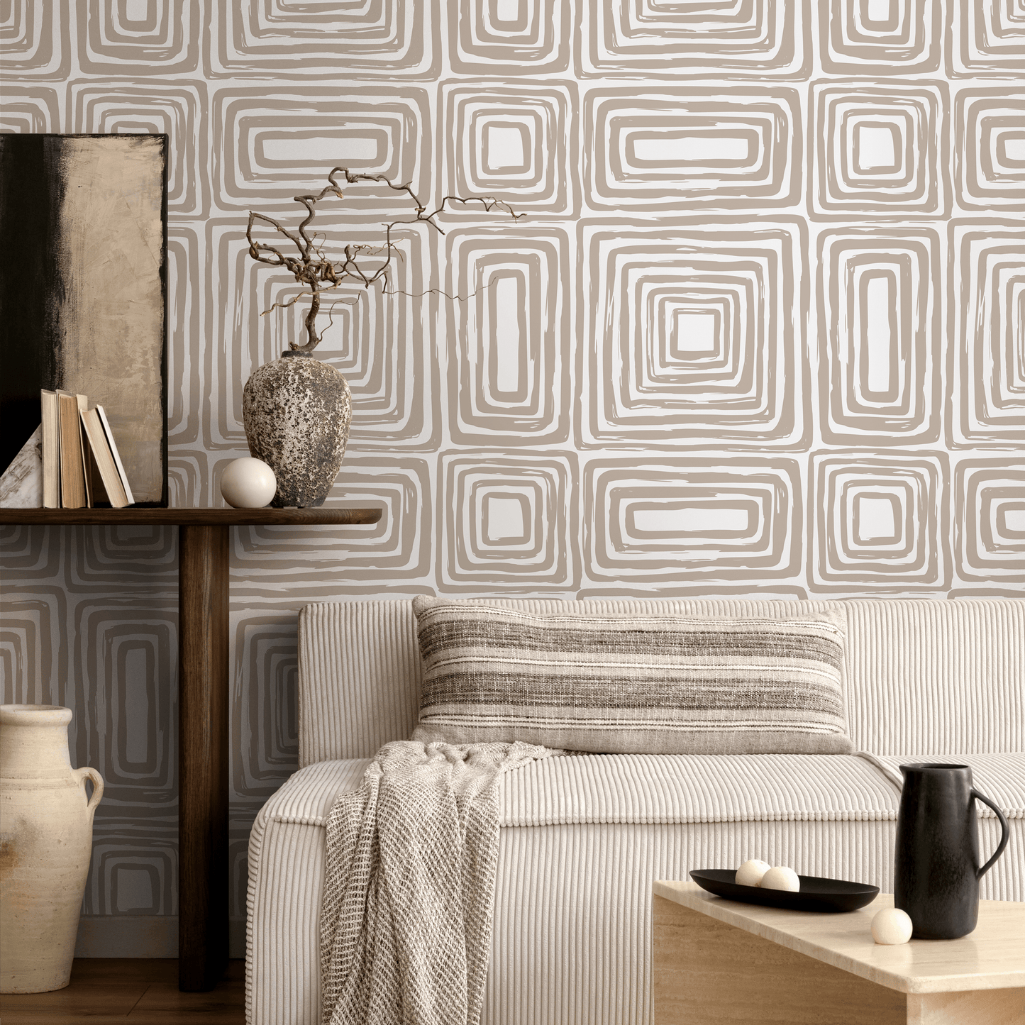 Warm Beige Paint Brushed Labyrinth Wallpaper Peel and Stick Removable Repositionable  Minimalistic Abstract Boho Beige & White - ZAAB