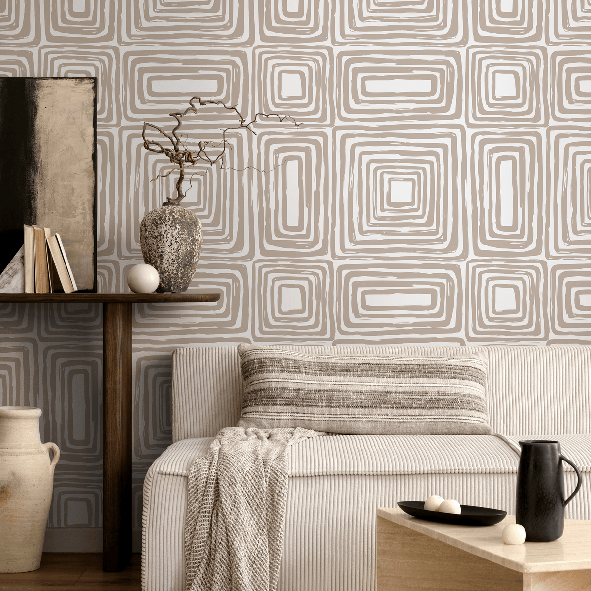 Abstract Wallpaper with a Brushed Labyrinth Motif in Warm Beige and White - detail view