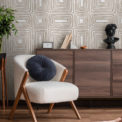 Warm Beige Paint Brushed Labyrinth Wallpaper Peel and Stick Removable Repositionable  Minimalistic Abstract Boho Beige & White - ZAAB