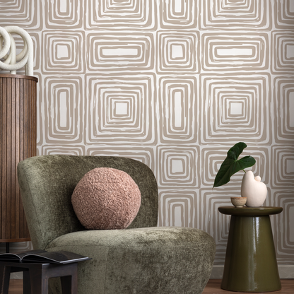 Warm Beige Paint Brushed Labyrinth Wallpaper Peel and Stick Removable Repositionable  Minimalistic Abstract Boho Beige & White - ZAAB