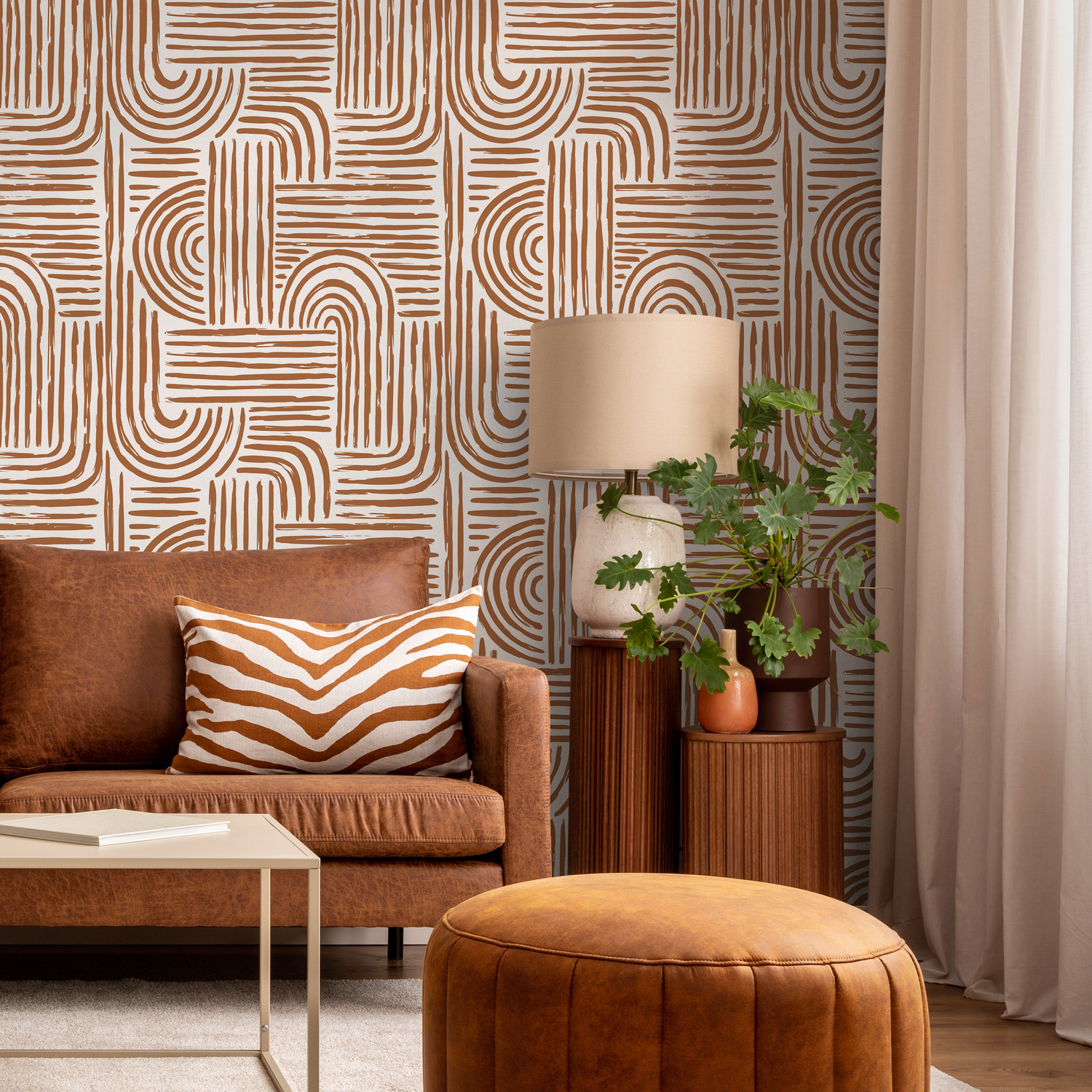 Papier peint à lignes arrondies sans couture, amovible, repositionnable, marron, minimaliste, abstrait, coups de pinceau, style bohème moderne - ZAAC