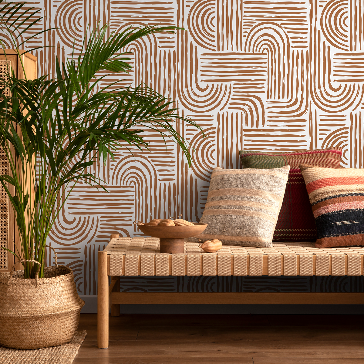 Modern Abstract Wallpaper with Rounded Brush Strokes in Brown - detail view