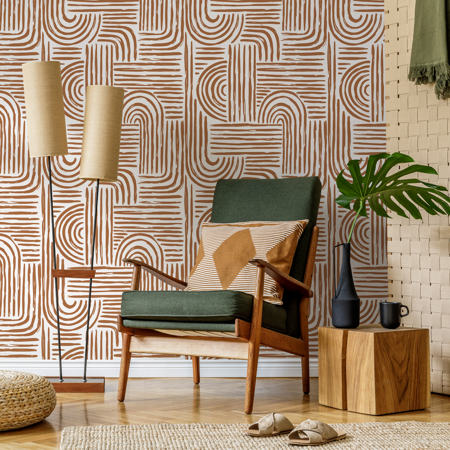 Seamless Rounded Lines Wallpaper Peel and Stick  Removable Repositionable Brown Minimalist Light  Abstract Brush Strokes Boho Moderne - ZAAC