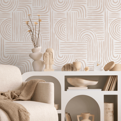 Seamless Rounded Lines Wallpaper Peel and Stick Removable Repositionable Neutral Minimalist Light Abstract Brush Strokes Boho Moderne - ZAAD