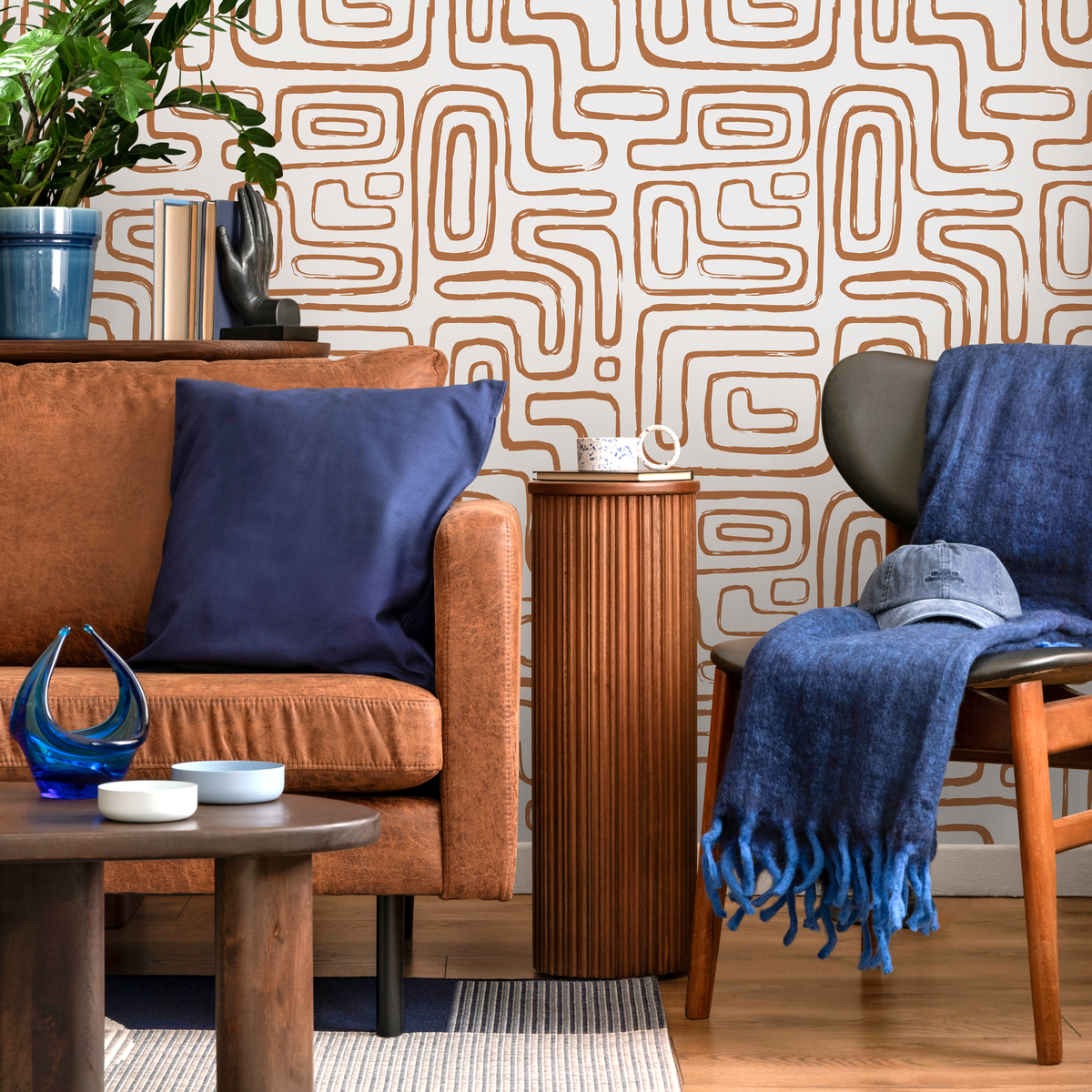 Abstract Wallpaper with Continuous Rounded Lines in Brown - detail view