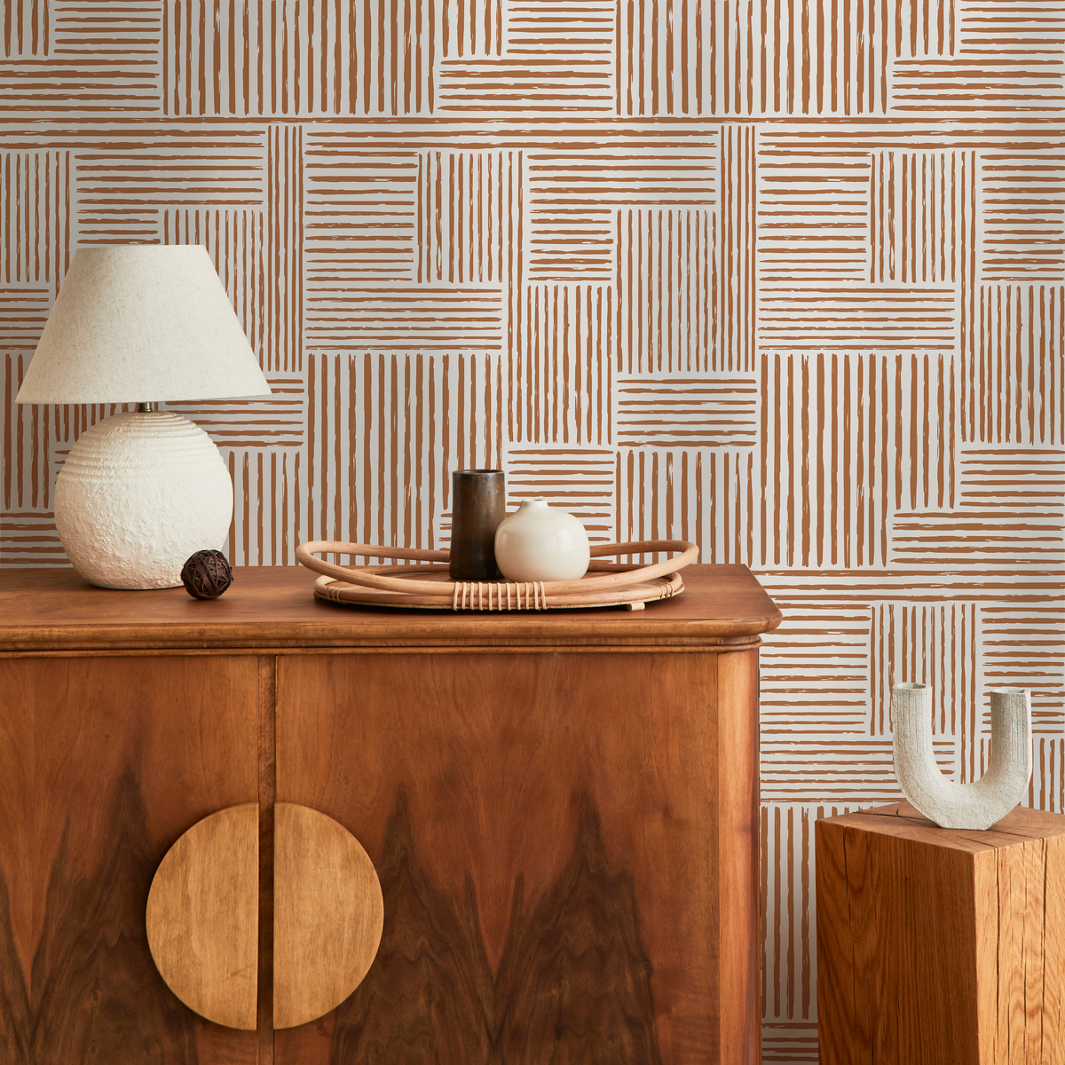 Abstract Wallpaper with a Geometric Brushstroke Motif in Brown - detail view