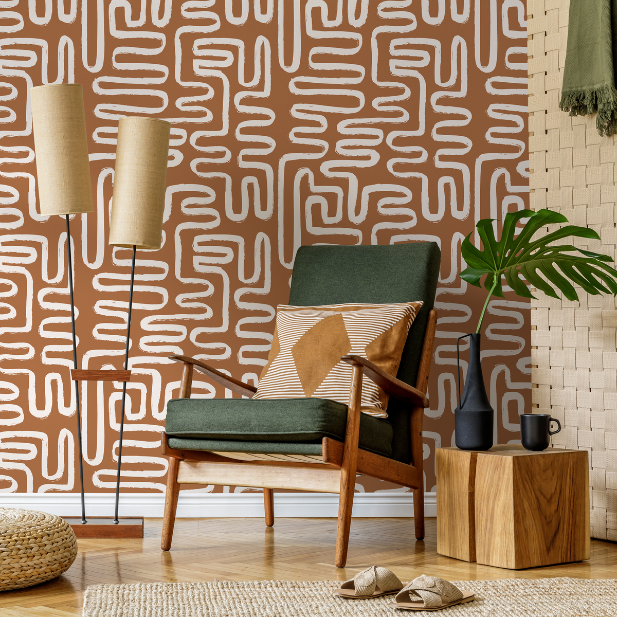 Modern Abstract Wallpaper with a Bohemian Brush Stroke Motif in Brown and White - detail view