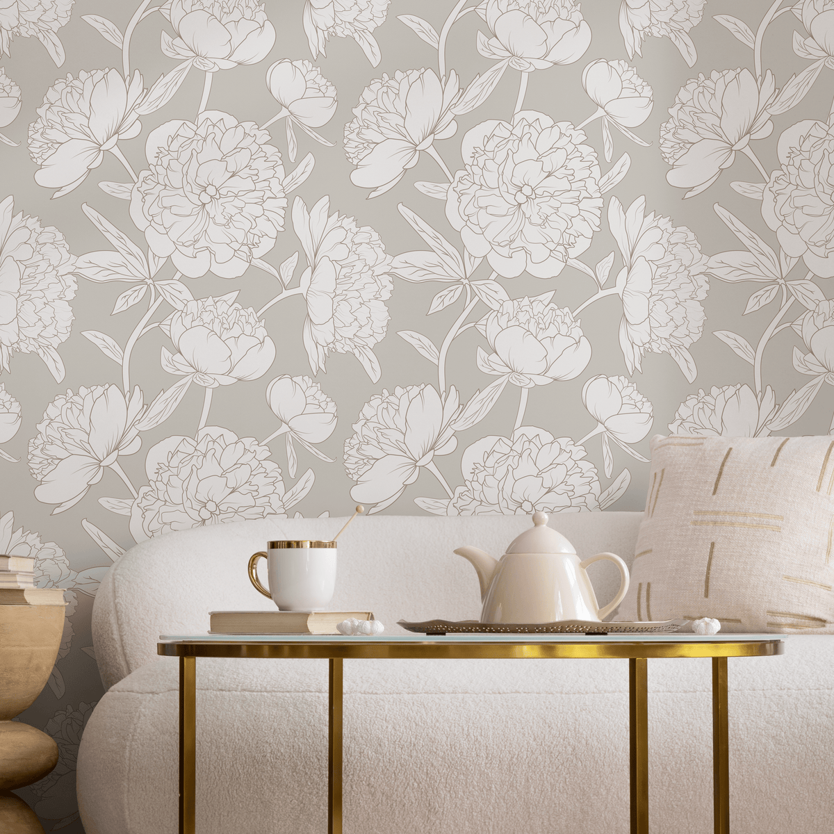 Floral Wallpaper with a Minimalist Peony Motif in Greige and White - detail view