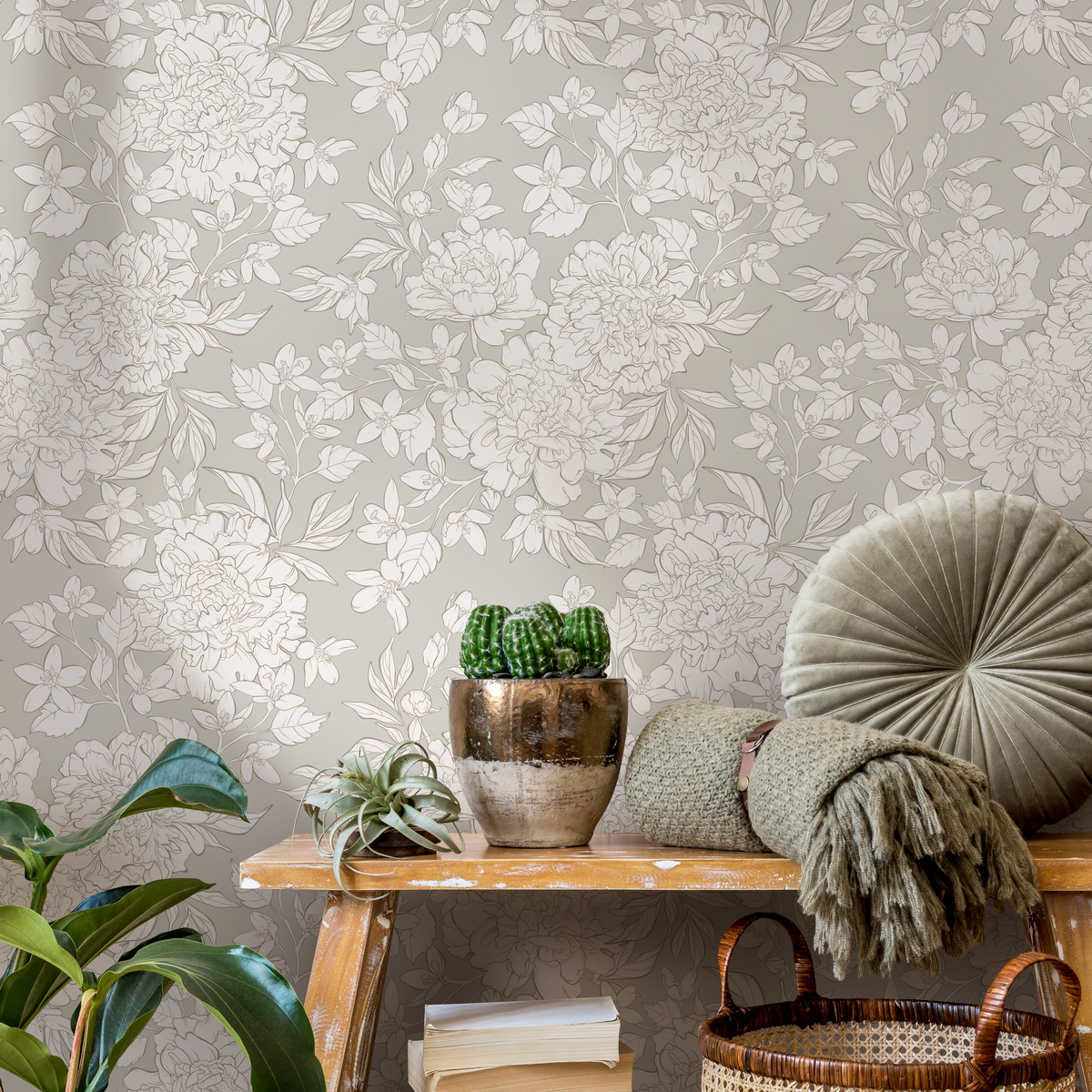 Floral Wallpaper Featuring Peony Line Drawings in Sage Green and Cream - detail view