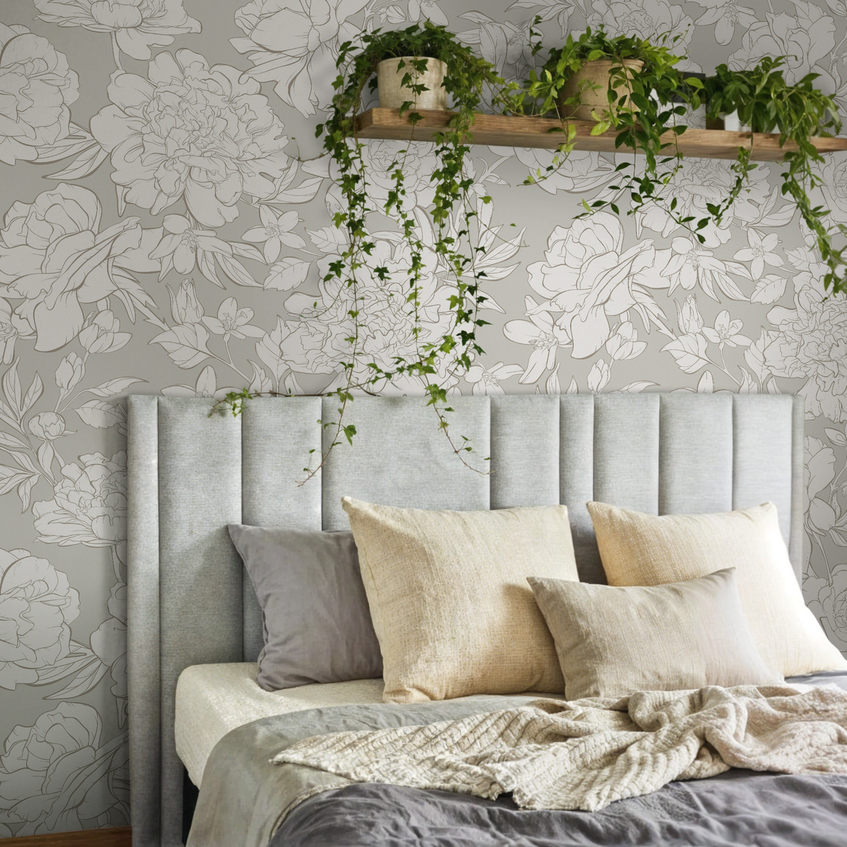 Floral Wallpaper with Peony and Blossom Outlines in Greige and Off-White - detail view