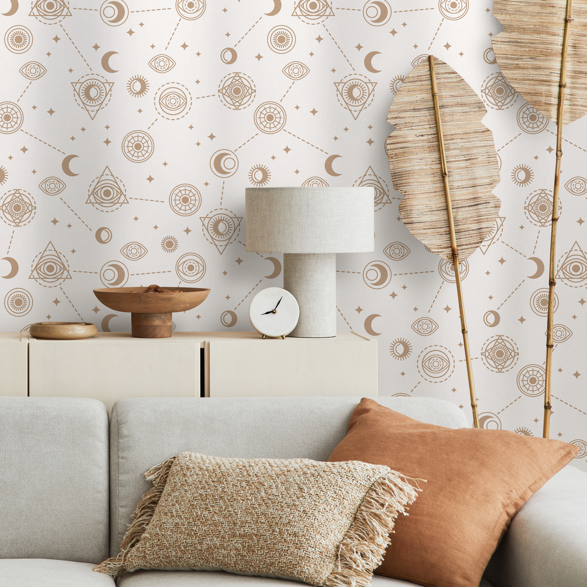 Celestial Wallpaper with Mystical Eye and Moon Motifs in Gold and Beige - detail view
