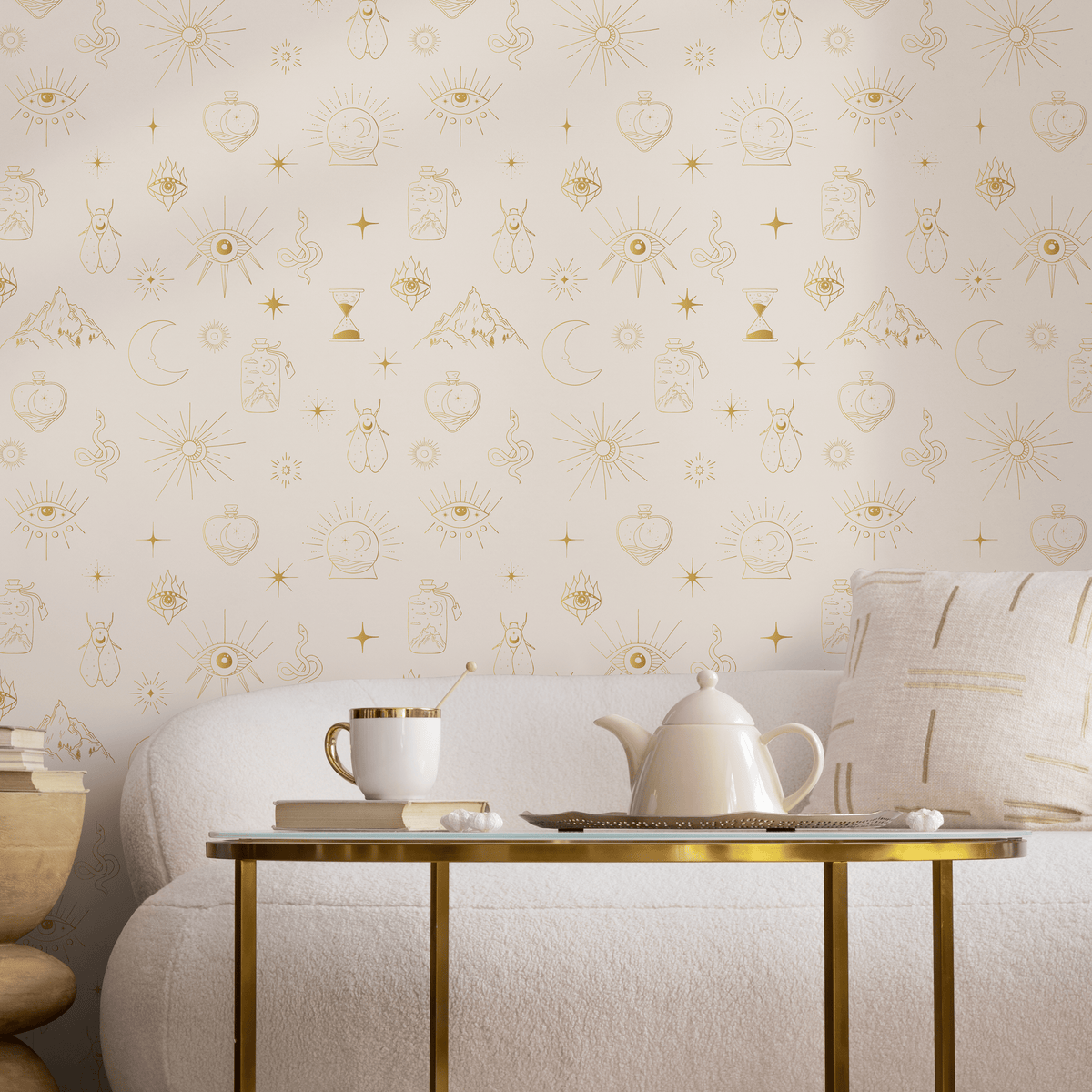 Mystical Wallpaper with Celestial Symbols in Gold and Beige - detail view