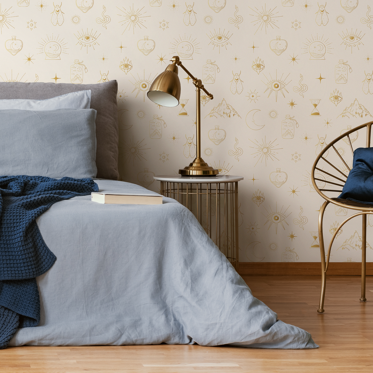 Mystical Wallpaper with Celestial Symbols in Gold - ZAAP