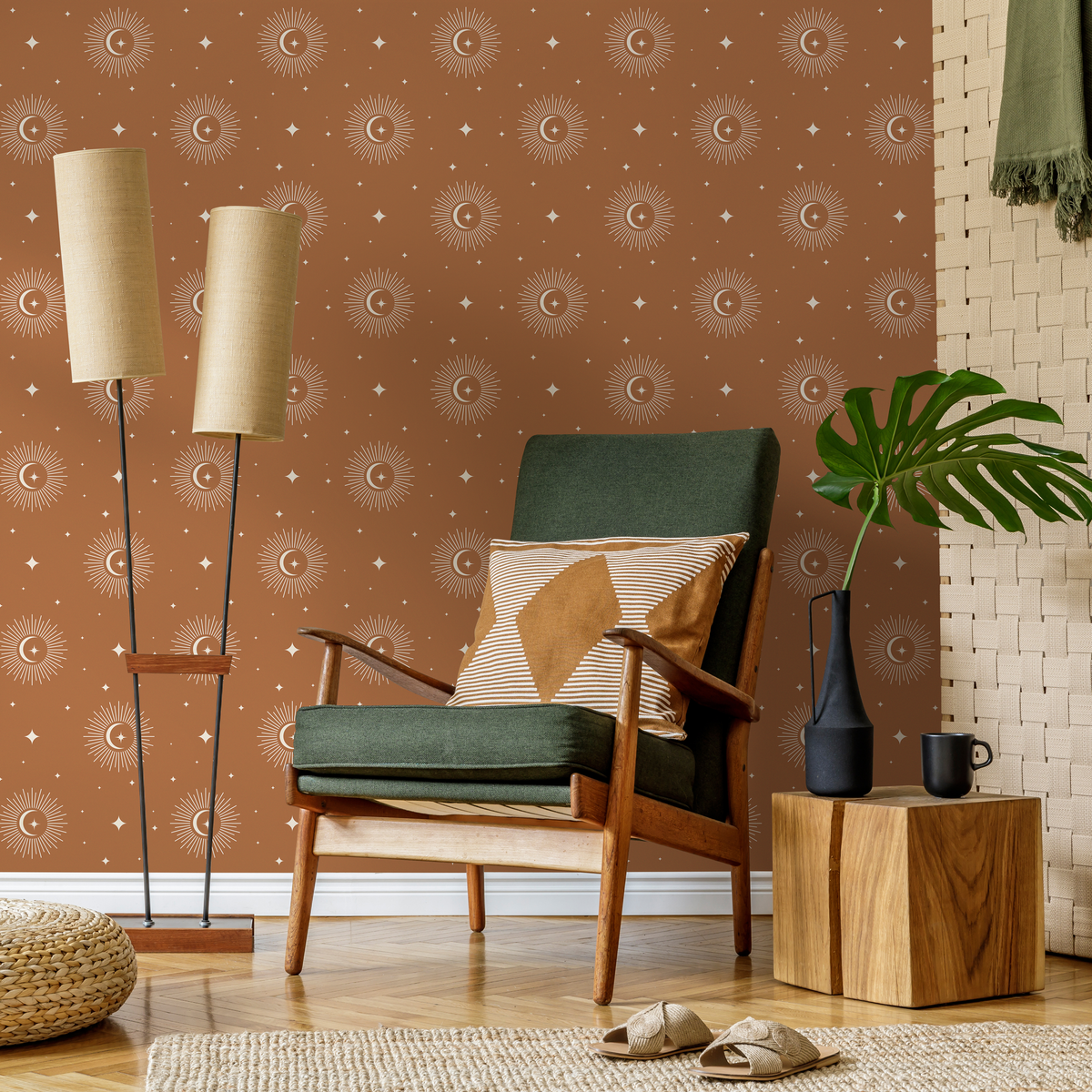 Celestial Wallpaper Featuring Suns and Moons in Terracotta and White - detail view