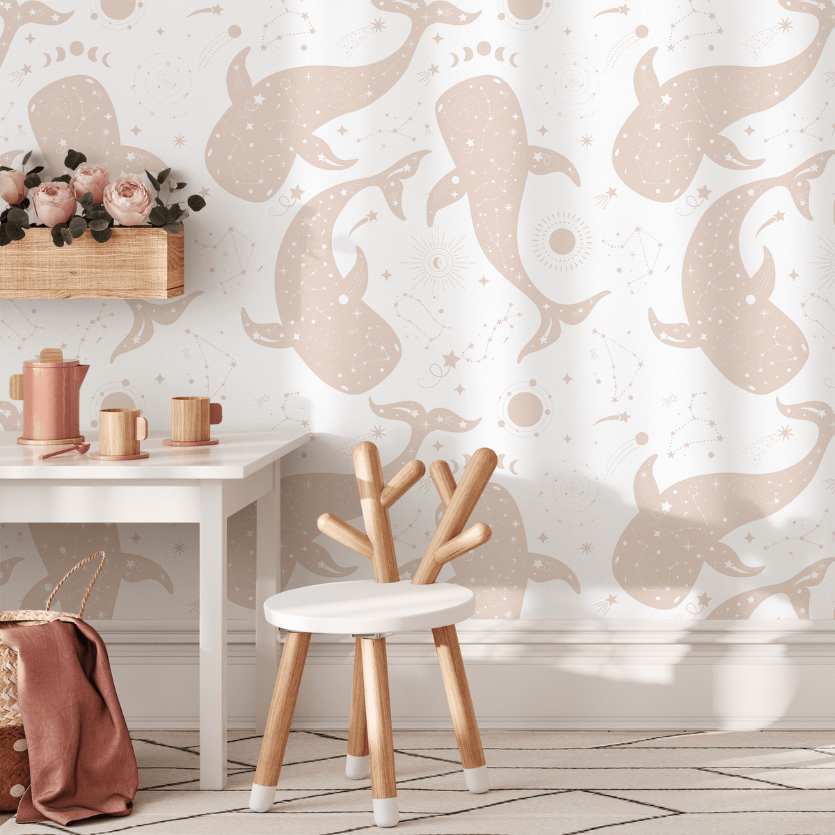 Celestial Wallpaper with Cosmic Whales and Constellations in Beige - detail view