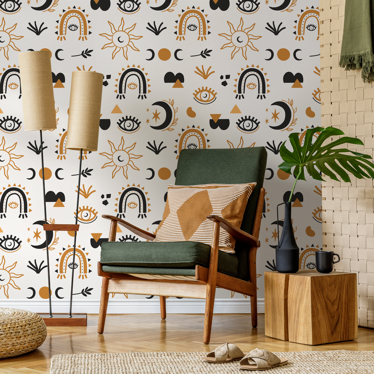 Celestial Wallpaper with Mystical Sun and Moon Motifs in Black and Gold - detail view