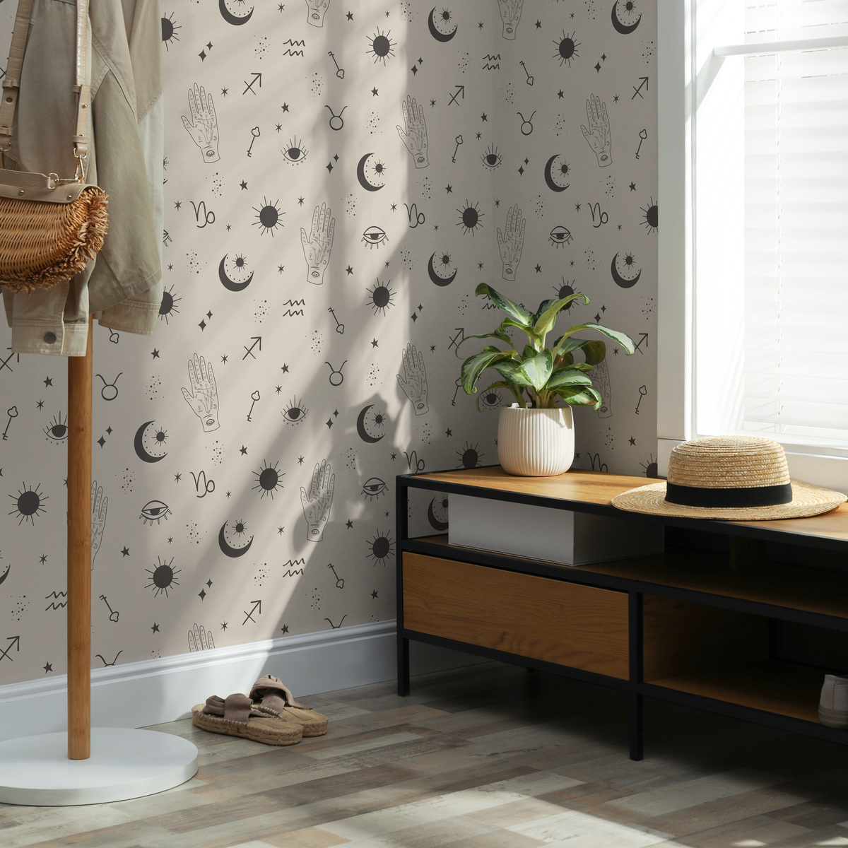 Celestial Wallpaper with Zodiac and Mystical Symbols in Charcoal and Beige - detail view