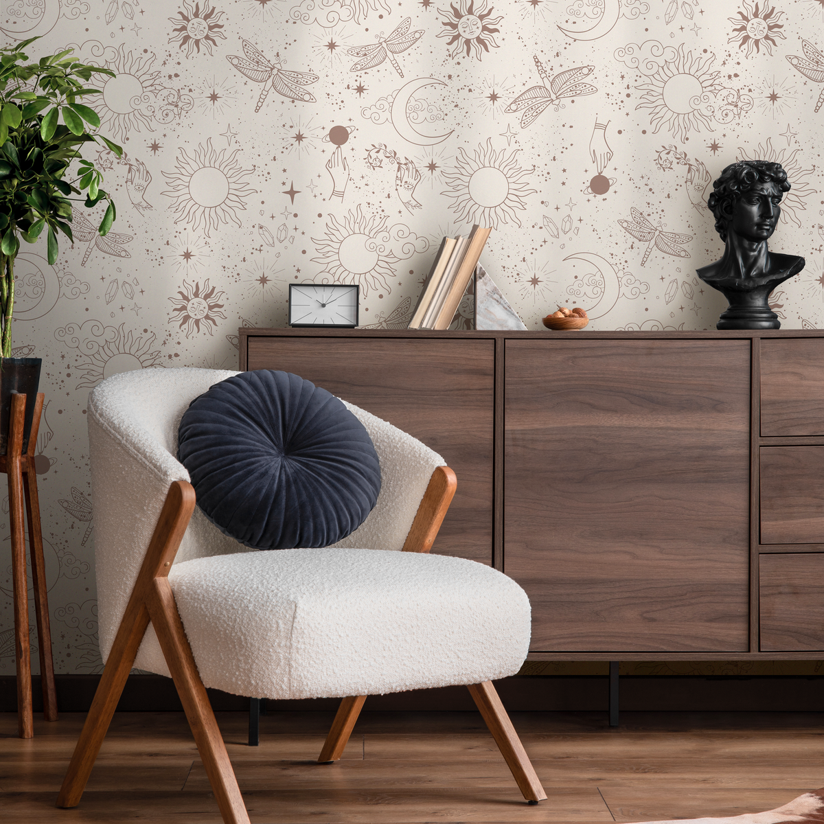 Celestial Wallpaper with Sun, Moon, and Dragonfly Motifs in Muted Terracotta and Cream - detail view