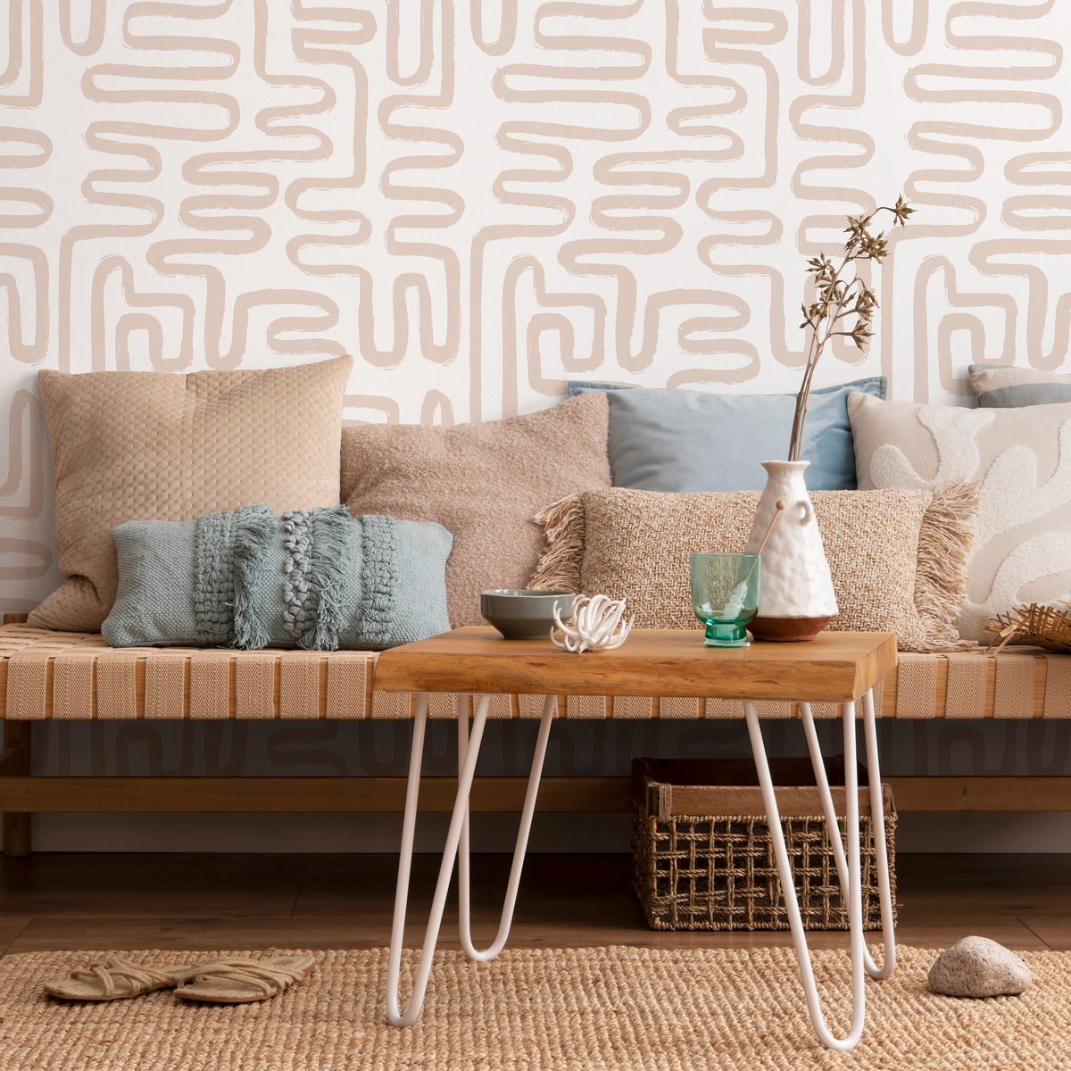 Modern Abstract Wallpaper with Continuous Rounded Lines in Beige and Cream - detail view