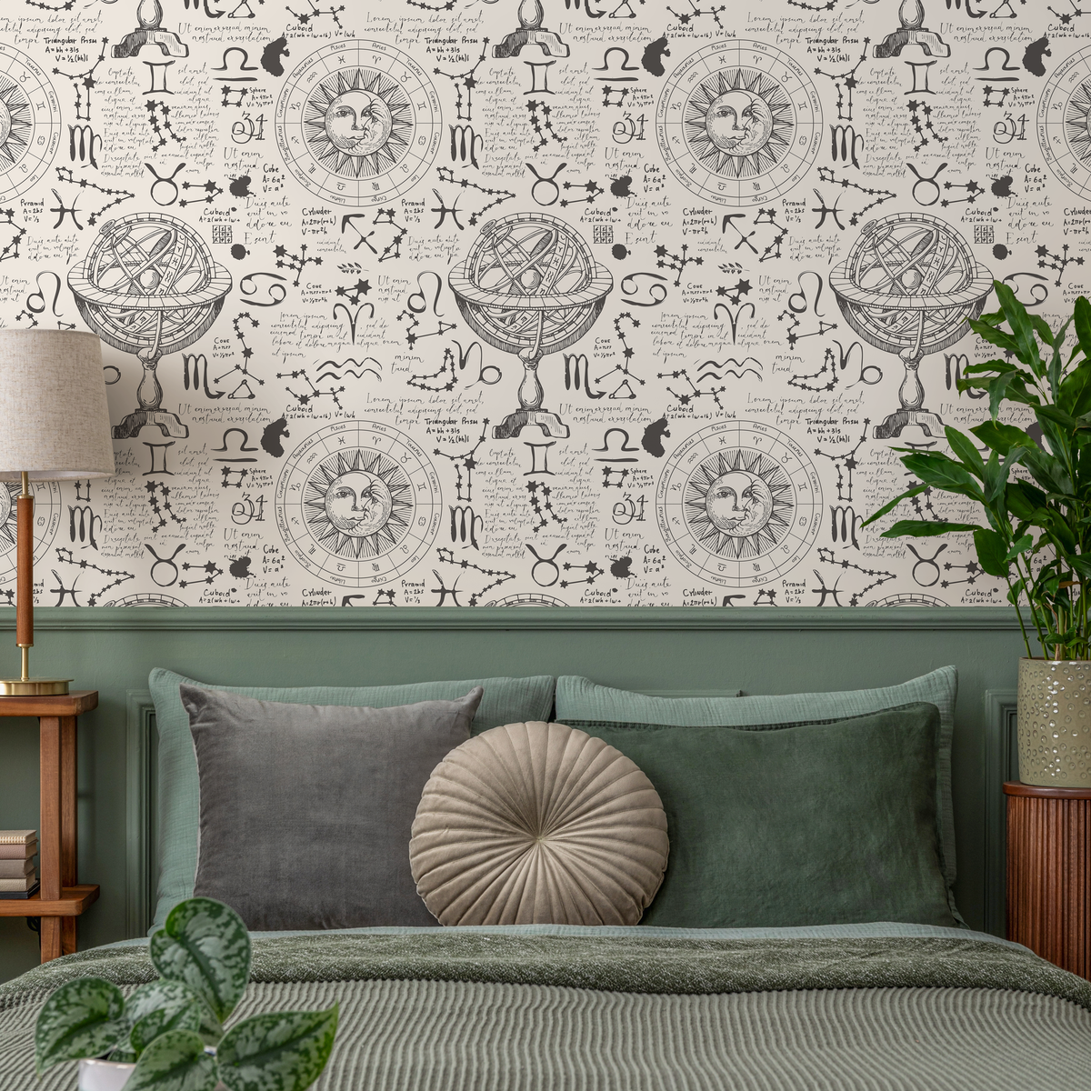 Astrology Wallpaper with Vintage Celestial Sketches in Black and Cream - detail view