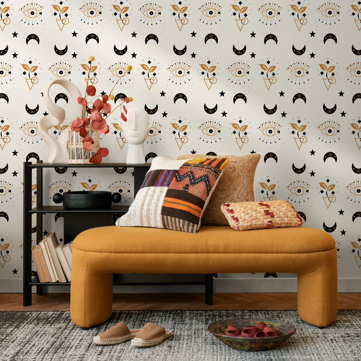 Mystical Wallpaper with Celestial Moons and All-Seeing Eyes in Black and Gold - detail view