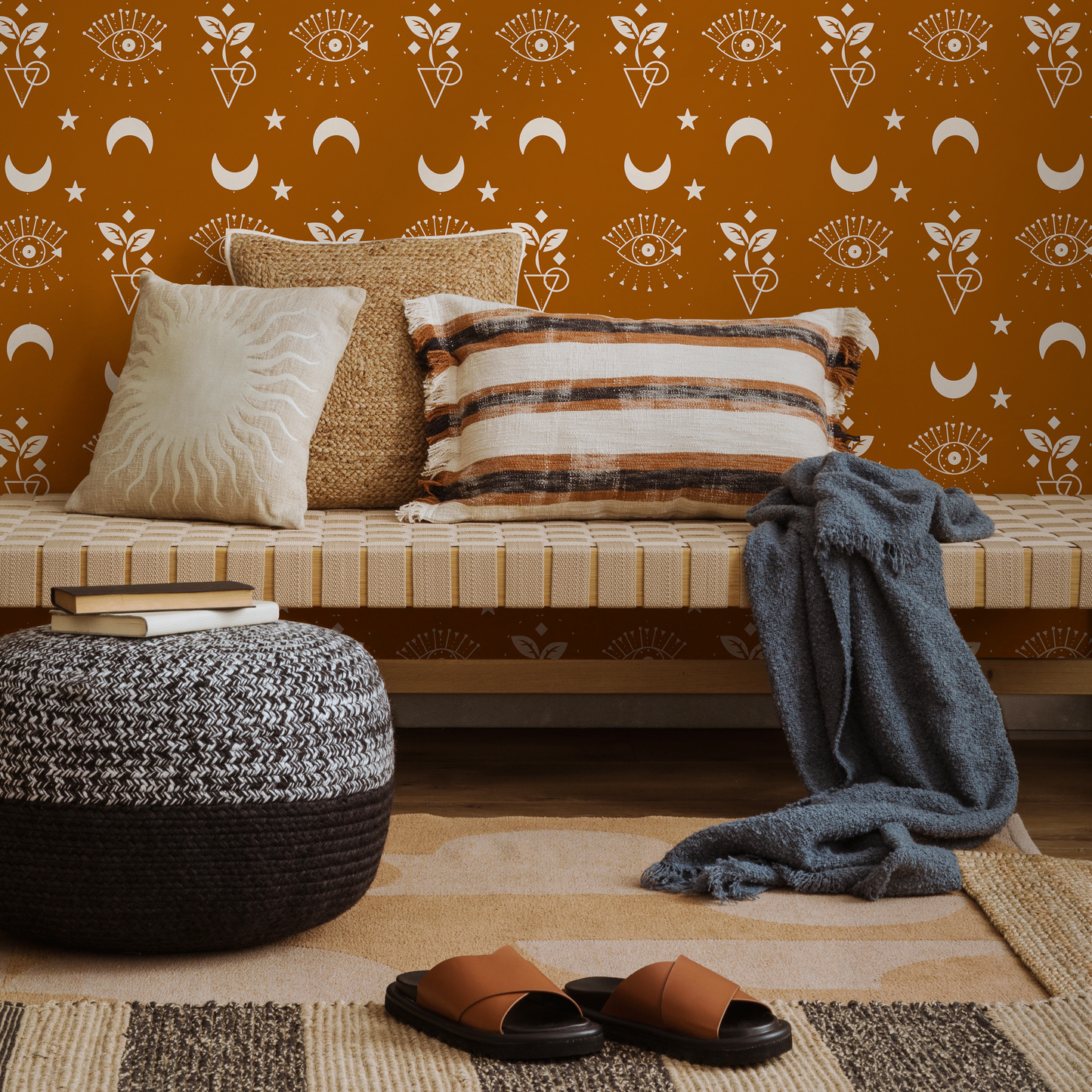 Brown Mystique and Celestial Wallpaper Removable Peel and Stick Wallpaper, Peel and Stick Wallpaper Moon and Sun - ZAAZ