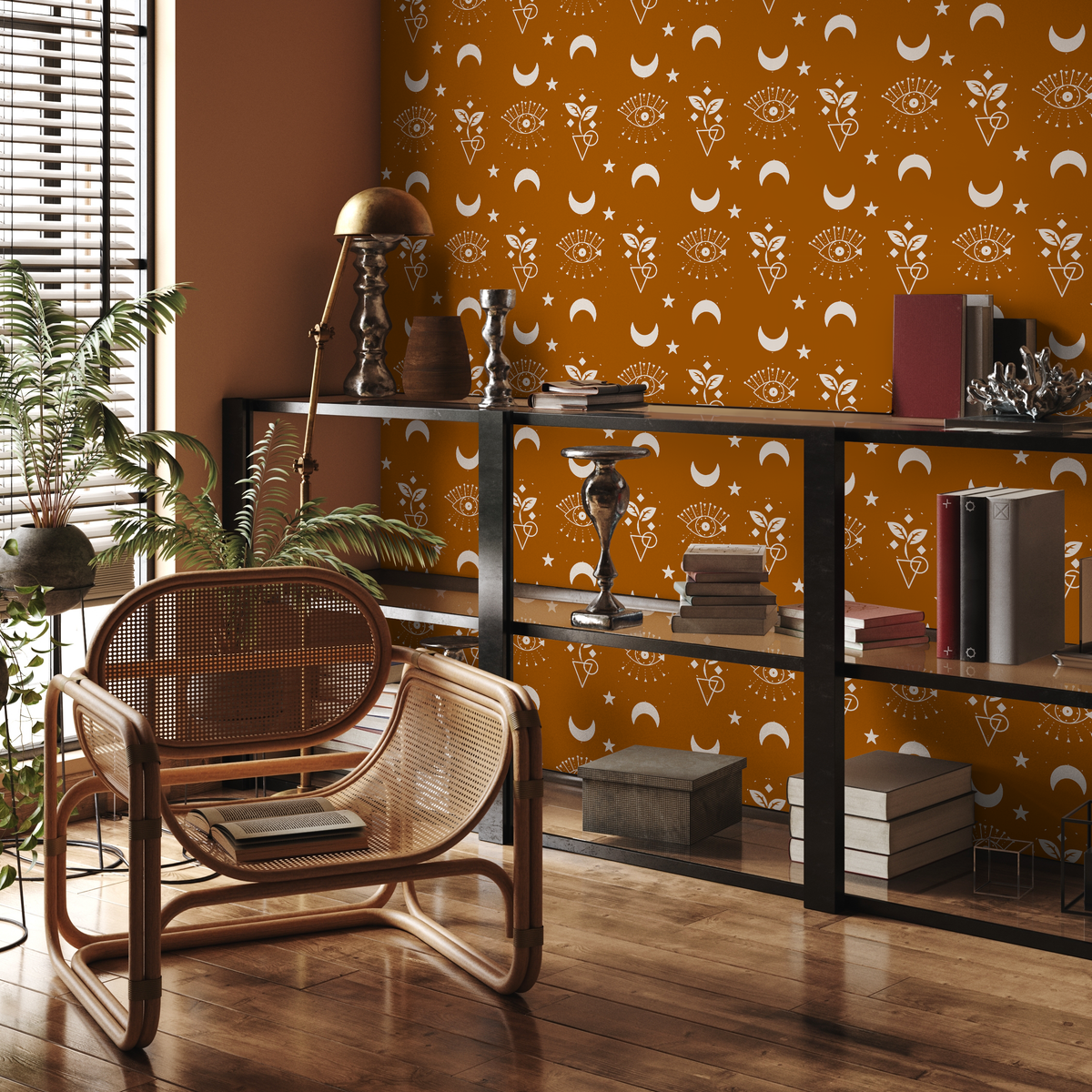 Mystical Wallpaper with Celestial Moons and Eyes in Brown and White - detail view