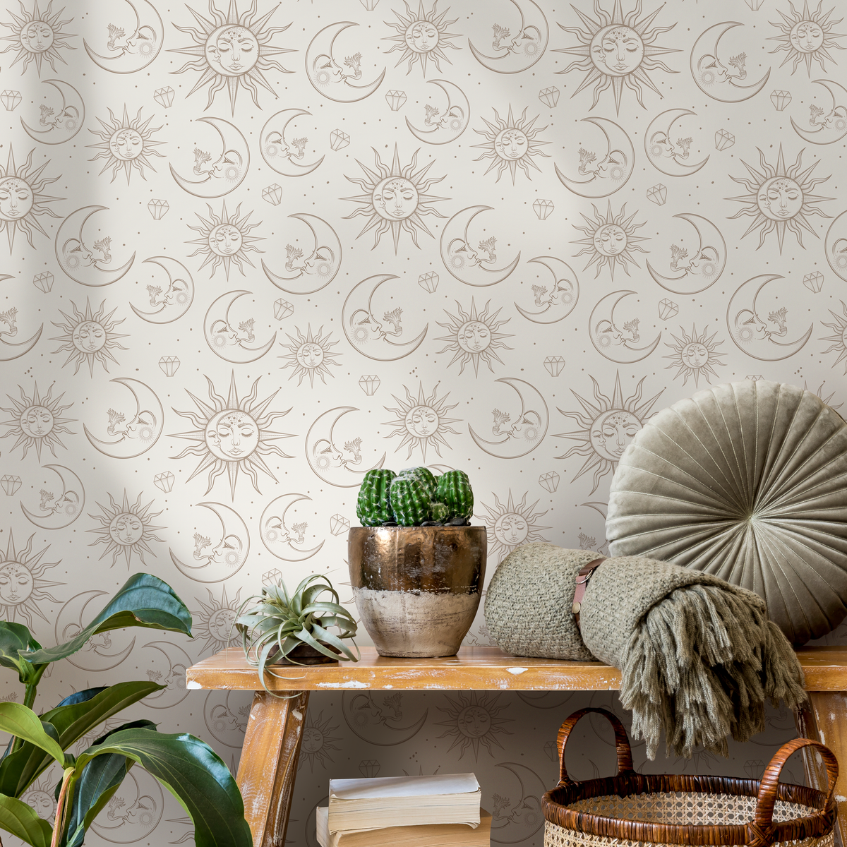 Celestial Wallpaper with Mystical Sun and Moon Motifs in Beige and Brown - detail view