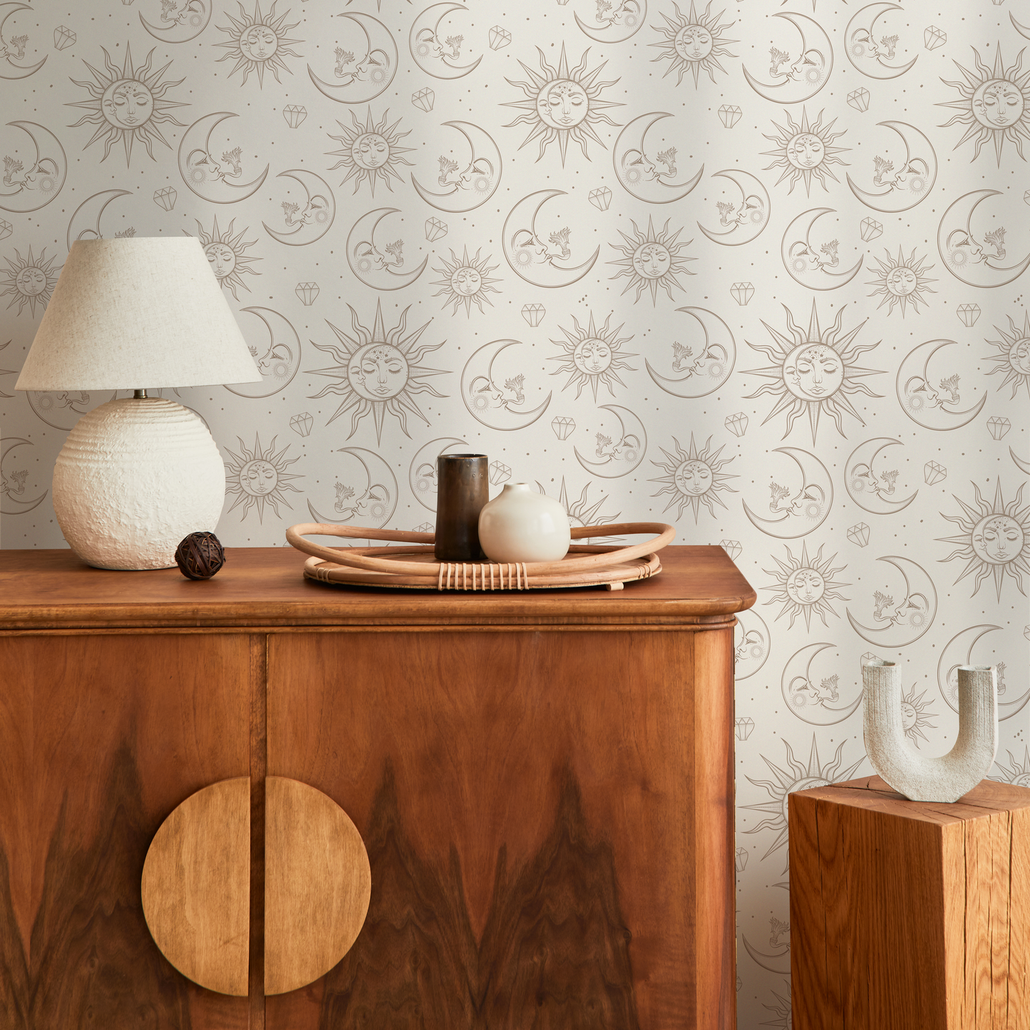 Beige Mystique and Celestial Wallpaper Removable Peel and Stick Wallpaper, Peel and Stick Wallpaper Moon and Sun - ZABA