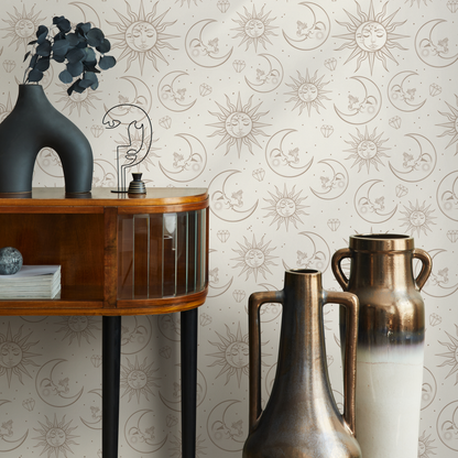 Beige Mystique and Celestial Wallpaper Removable Peel and Stick Wallpaper, Peel and Stick Wallpaper Moon and Sun - ZABA