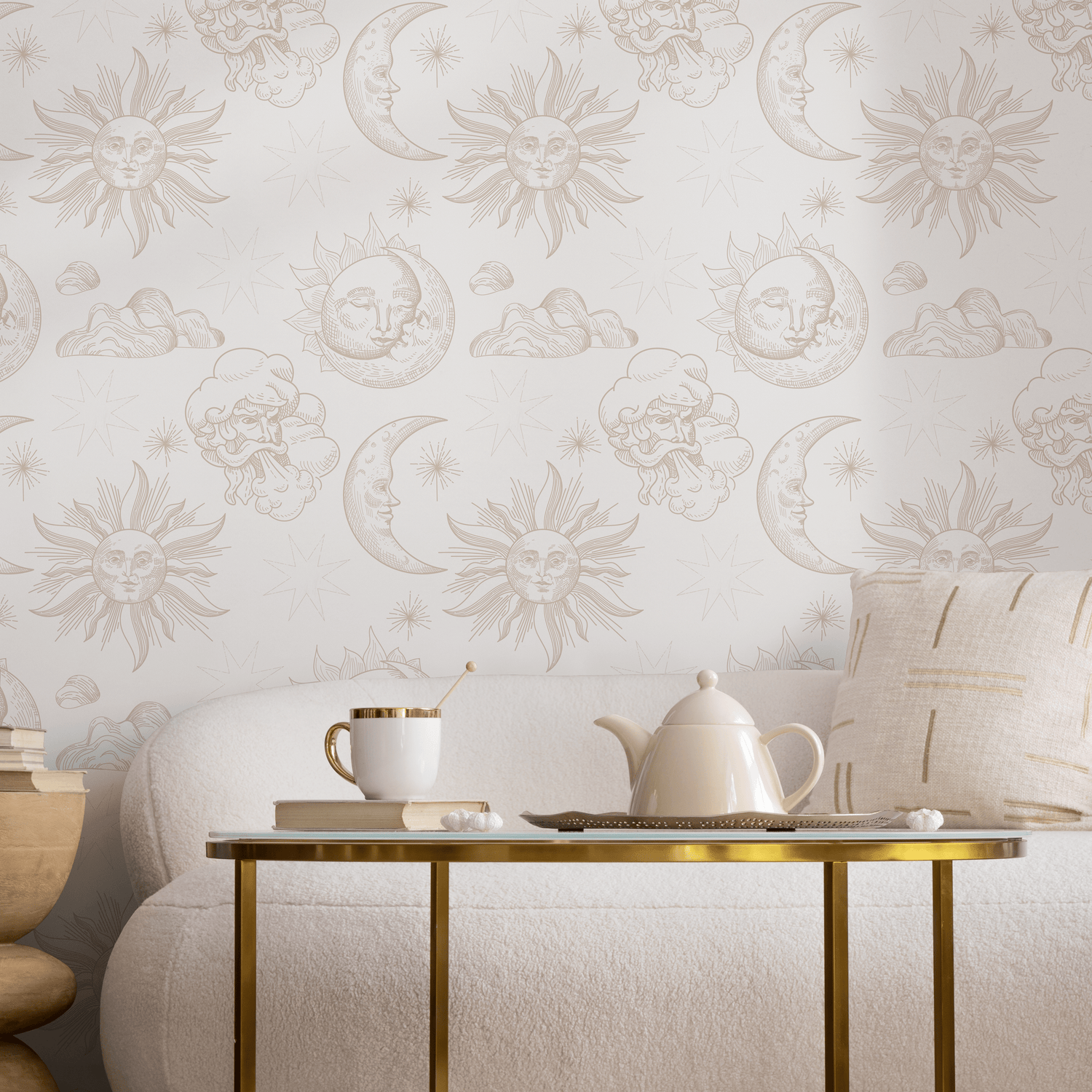 Celestial Wallpaper with Vintage Sun, Moon, and Cloud Illustrations in Beige - ZABB