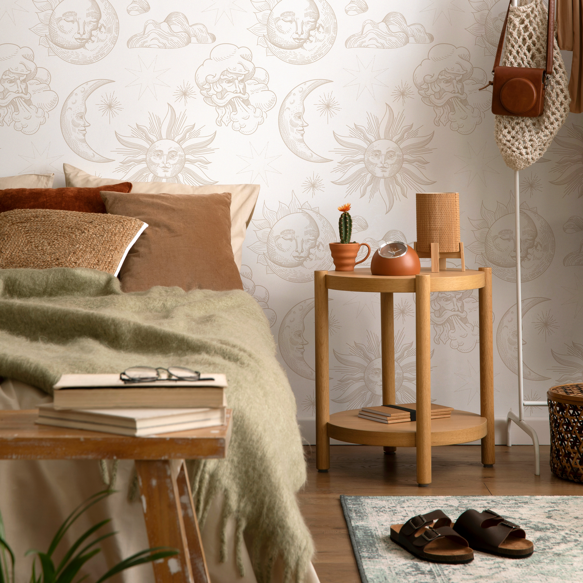 Minimalist Celestial Wallpaper with Vintage Sun, Moon, and Cloud Illustrations in Beige - detail view