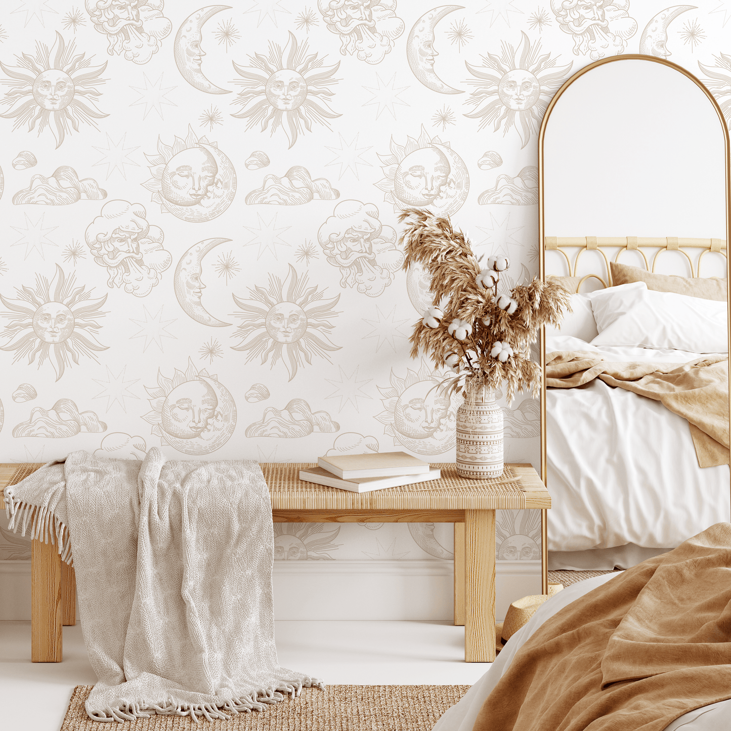 Neutral Mystique and Celestial Wallpaper Removable Peel and Stick Wallpaper, Peel and Stick Wallpaper Moon and Sun - ZABB