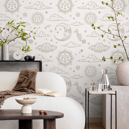 Mystique and Celestial Wallpaper Removable Peel and Stick Wallpaper, Peel and Stick Wallpaper Neutral Moon and Sun - ZABD