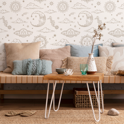 Mystique and Celestial Wallpaper Removable Peel and Stick Wallpaper, Peel and Stick Wallpaper Neutral Moon and Sun - ZABD