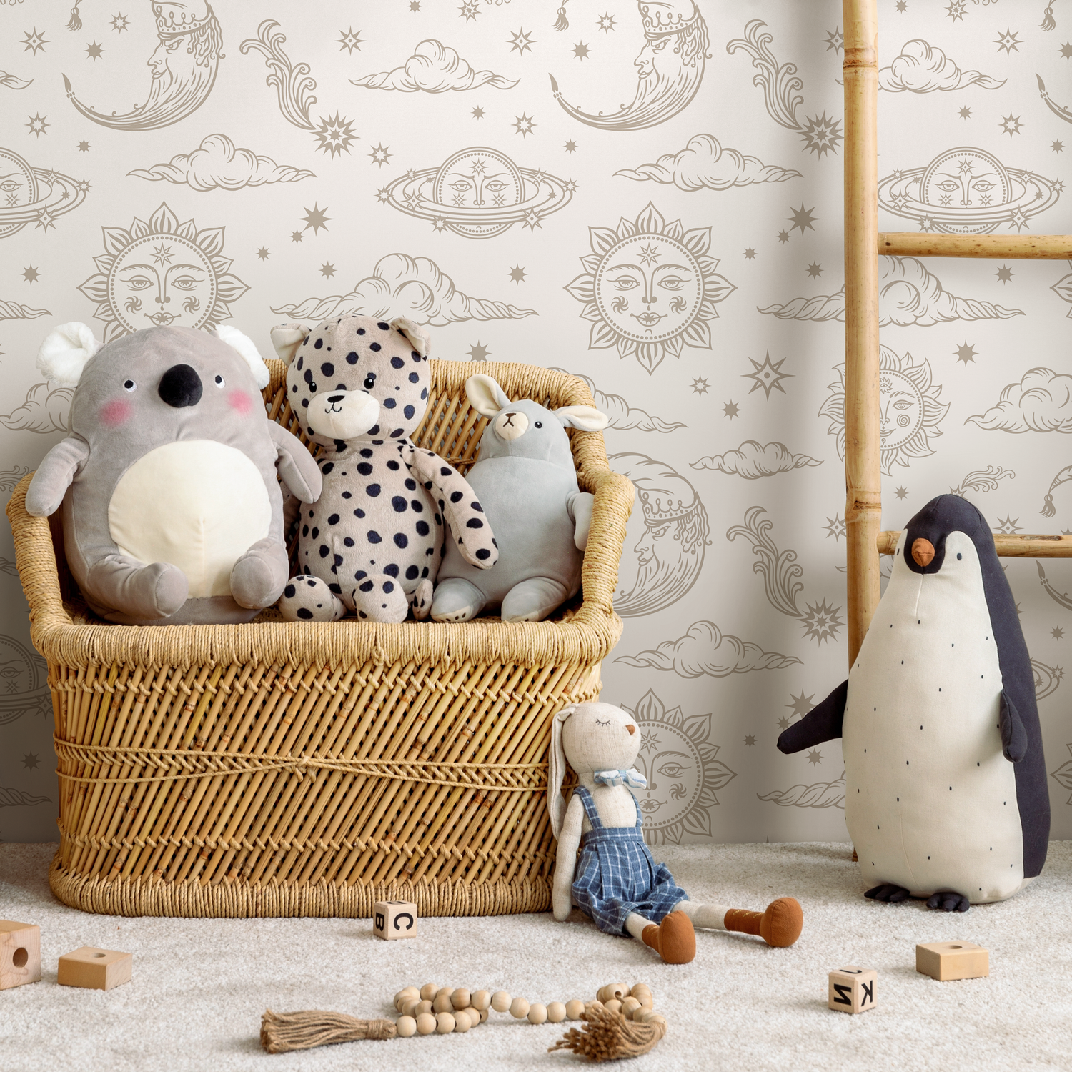 Celestial Wallpaper with Mystical Sun Moon and Stars in Light Brown - ZABD