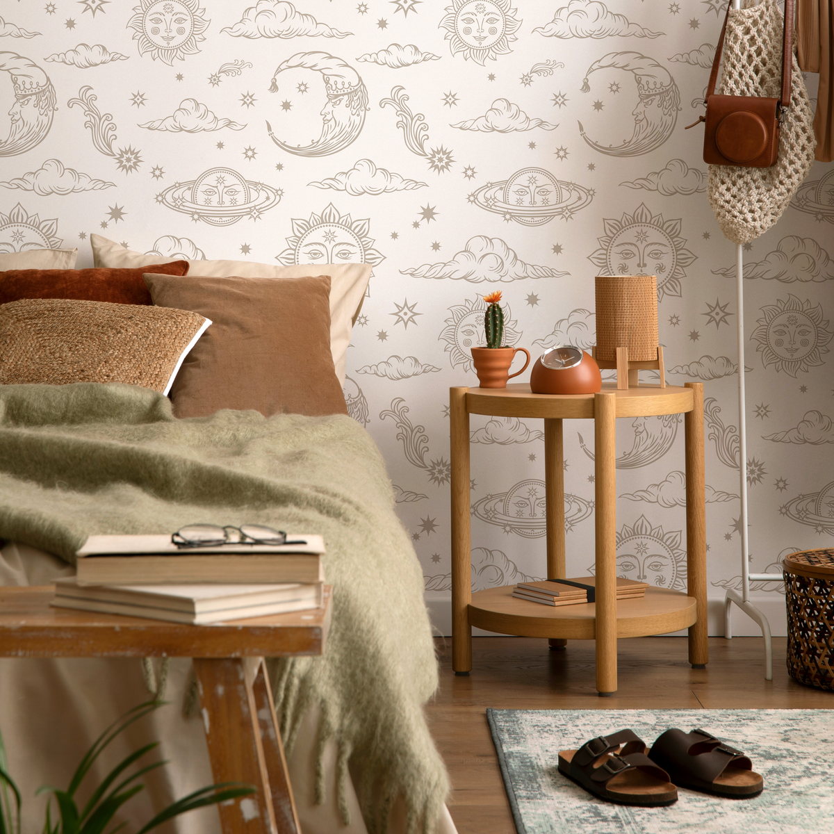 Celestial Wallpaper with Mystical Sun Moon and Stars in Light Brown and Beige - detail view