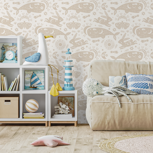 Mystique and Celestial Wallpaper Removable Peel and Stick Wallpaper, Peel and Stick Wallpaper Neutral Moon and Sun - ZABE